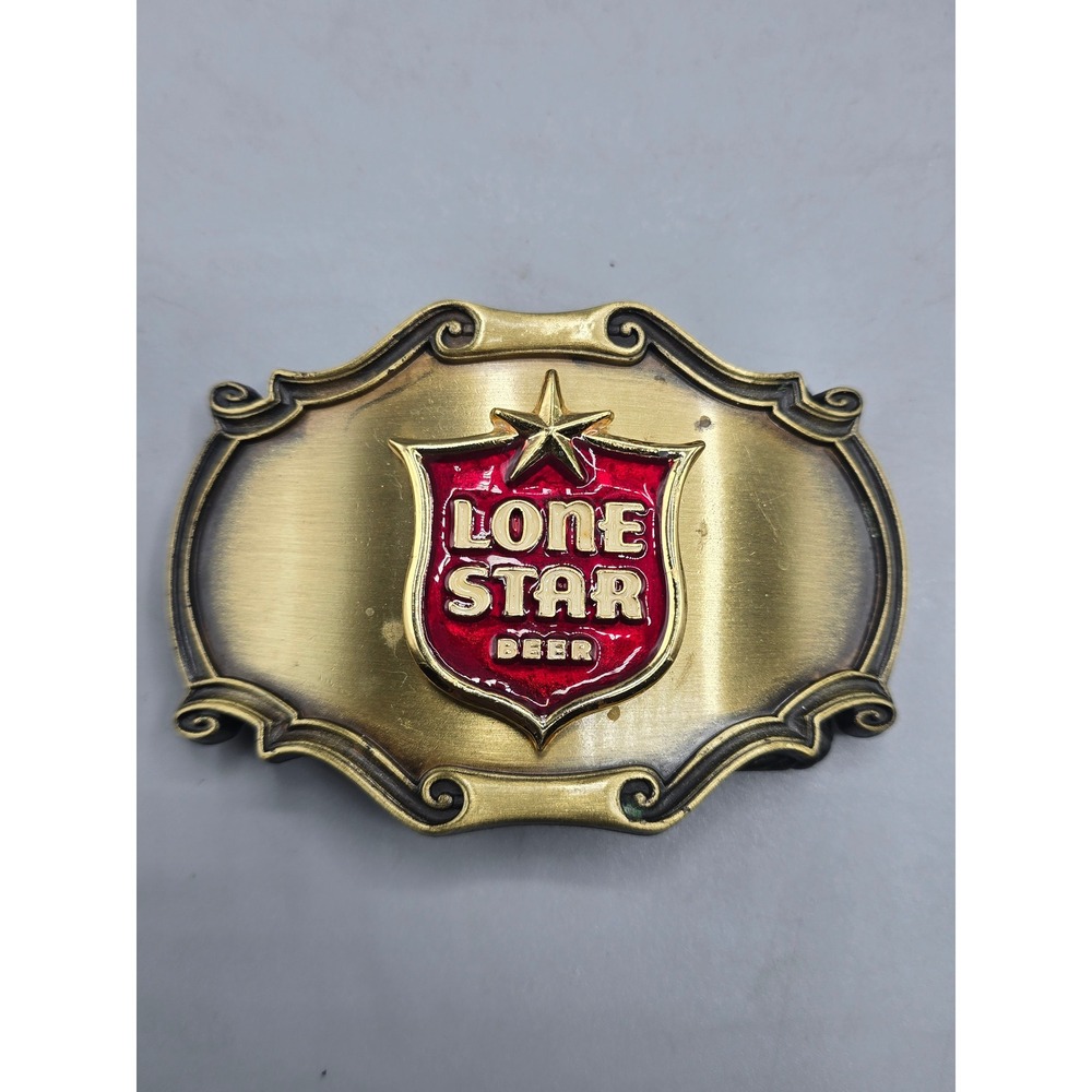 Vintage 1978 Raintree Lone Star Beer Belt Buckle Brass Red Enamel Western Texas‎